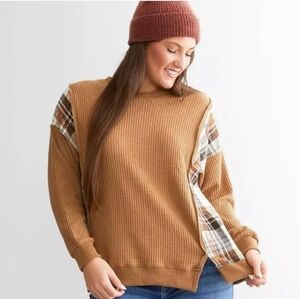 BKE Brushed Waffle Knit and Plaid Sweater